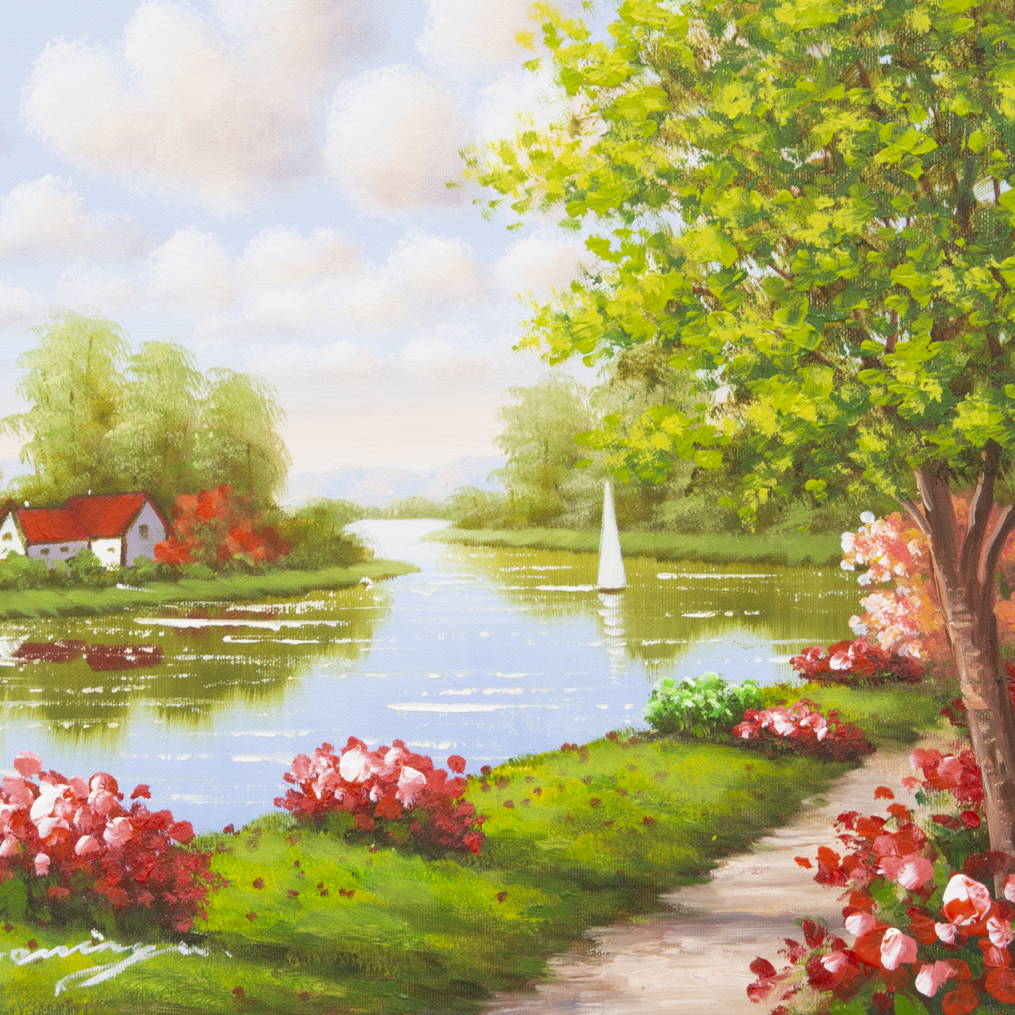 【国産正規品】額装絵画　油絵　油彩画　肉筆　F6「花畑に彩られて１」モリンガ 自然、風景画